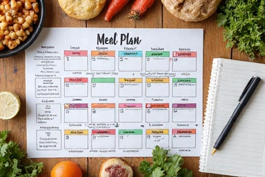 A beautifully presented meal plan with diverse, healthy food options, laid out on a table.