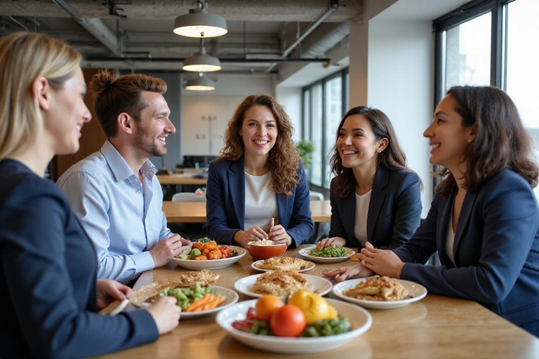 A group of smiling office workers participating in a corporate wellness session with healthy food options.