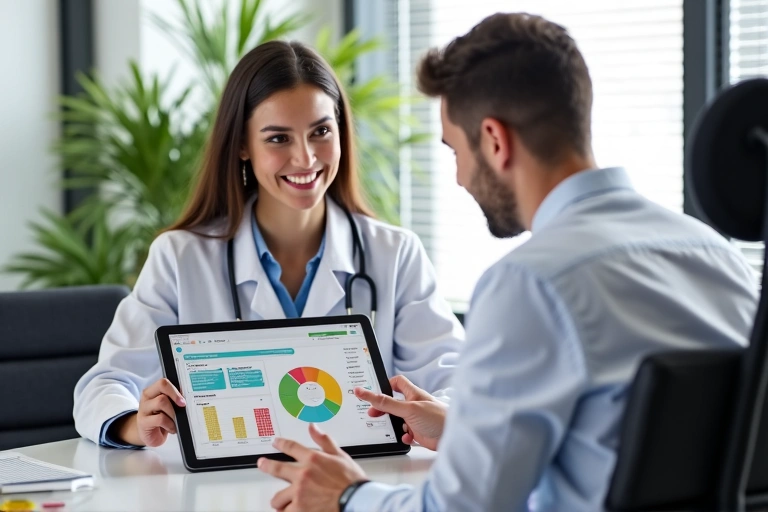 Nutritionist consulting with a client, pointing at a health chart on a tablet.